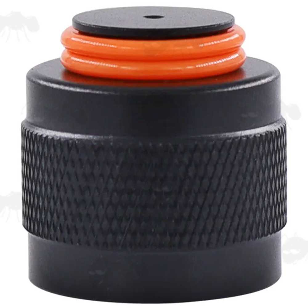 All Black Aluminium Threaded Cap for HPA and CO2 Bottles with a Knurled Grip, Complete with Two Spare Orange O-Rings
