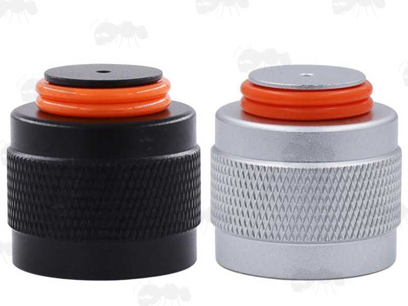 Pair of All Black and All Silver Colours Aluminium Threaded Caps for HPA and CO2 Bottles with a Knurled Grip, Complete with Two Spare Orange O-Rings