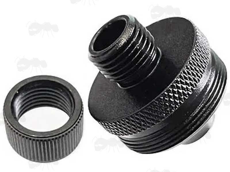 External Thread View of The Black Anodised Alloy M27x1 To 1/2x20 TPI Threaded Muzzle Adapter with Thread Guard Removed