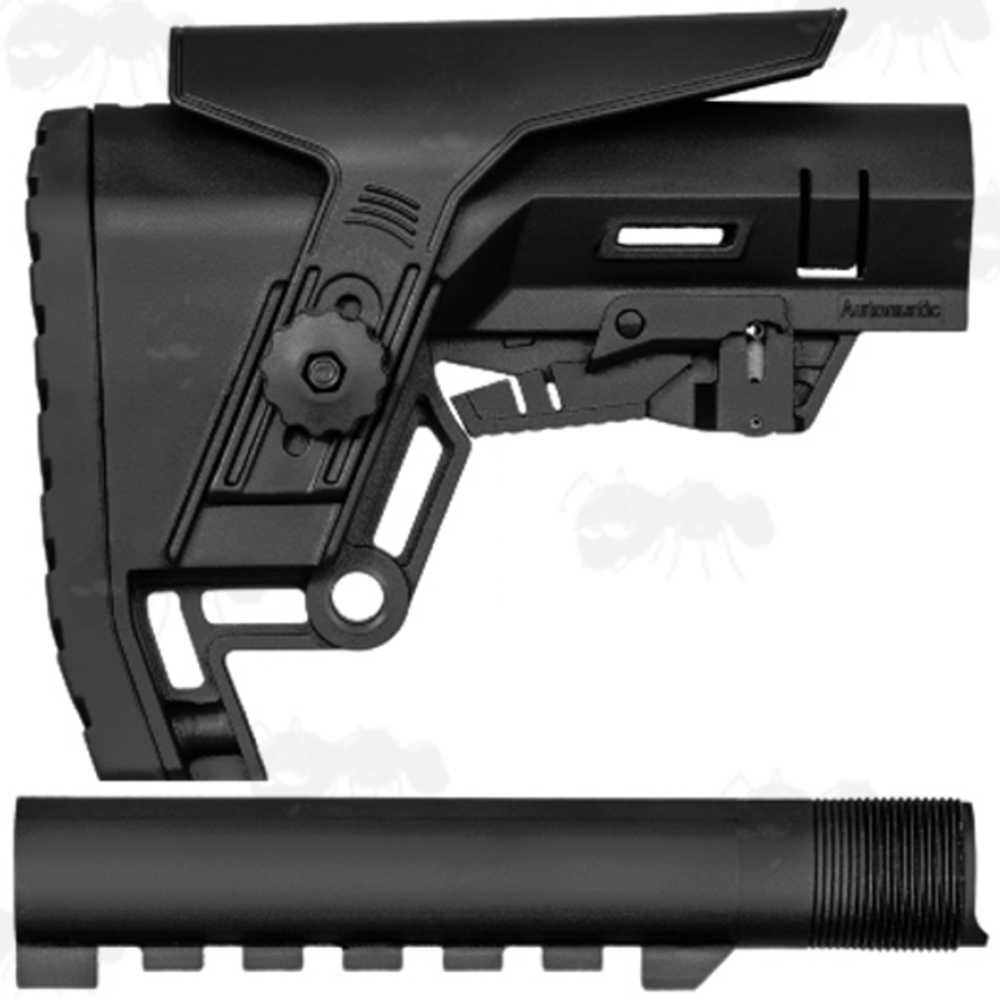Black Polymer Collapsible Tactical Rifle Buttstock with Adjustable Cheek Rest Riser and Buffer Tube