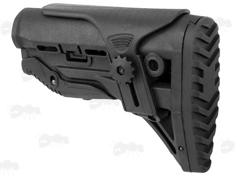 Buttpad View of The Mid Length Black Polymer Collapsible Tactical Rifle Buttstock with Adjustable Cheek Rest Riser