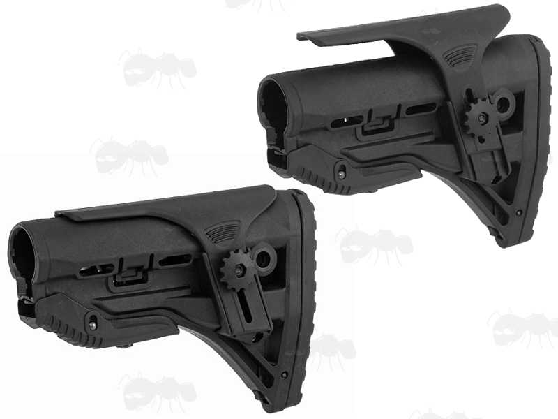 Mid Length Black Polymer Collapsible Tactical Rifle Buttstock with Adjustable Cheek Rest Riser, Shown with The Cheek Pad Lowered and Raised