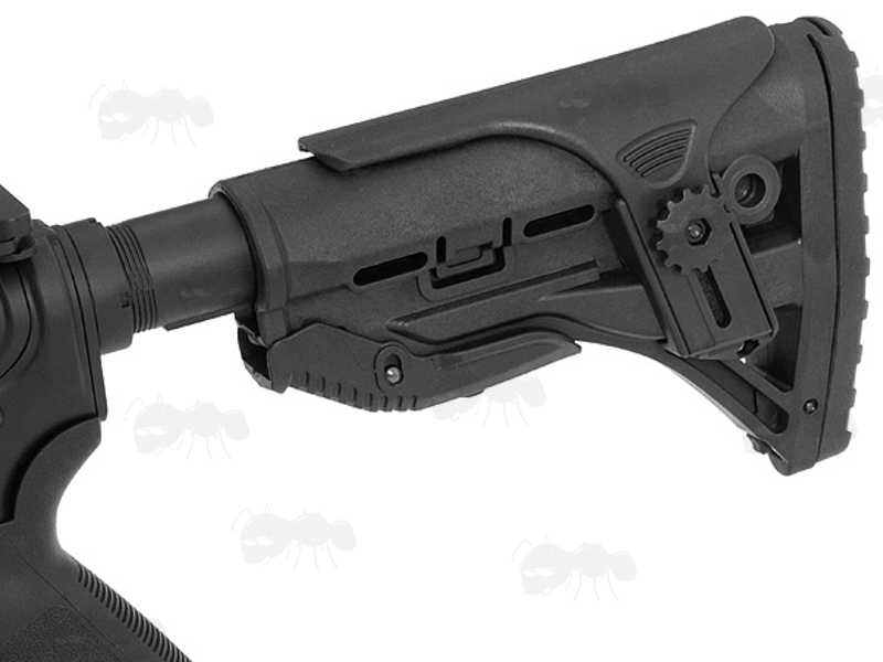 Mid Length Black Polymer Collapsible Tactical Rifle Buttstock with Adjustable Cheek Rest Riser, Shown Fitted to a Rifle Buttstock Tube