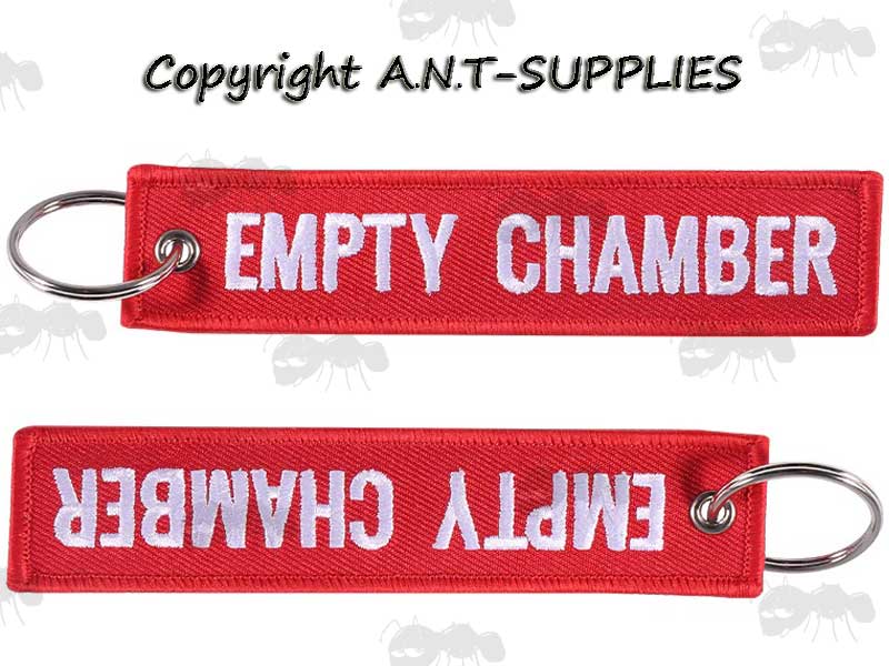 Two Red Gun Safety Keyrings with Embroidered White Thread Empty Chamber Text