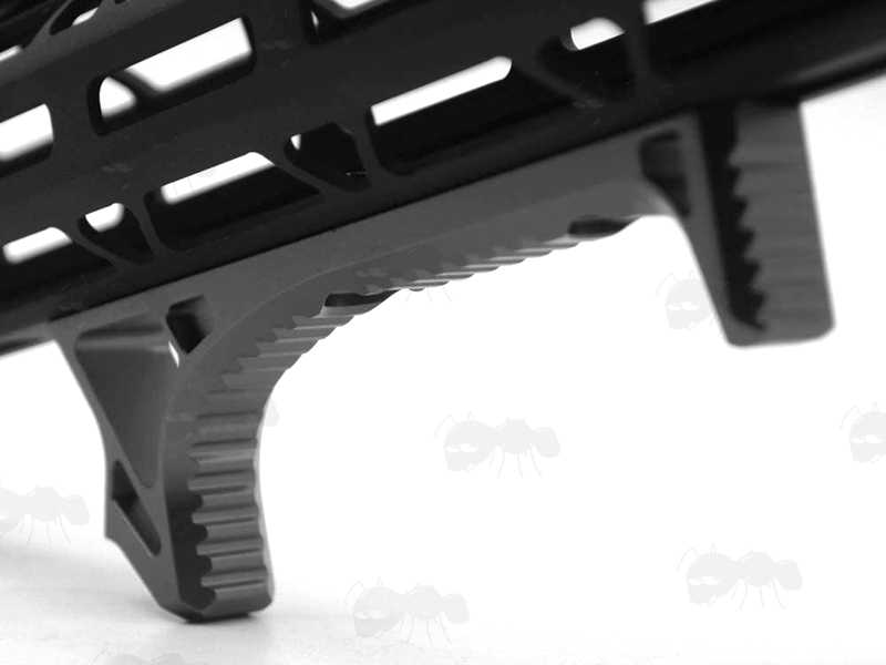 Black Long Link Aluminium Handstop for M-Lok Rifle Handguard Accessory Rails, Shown Attached to a Handguard Base