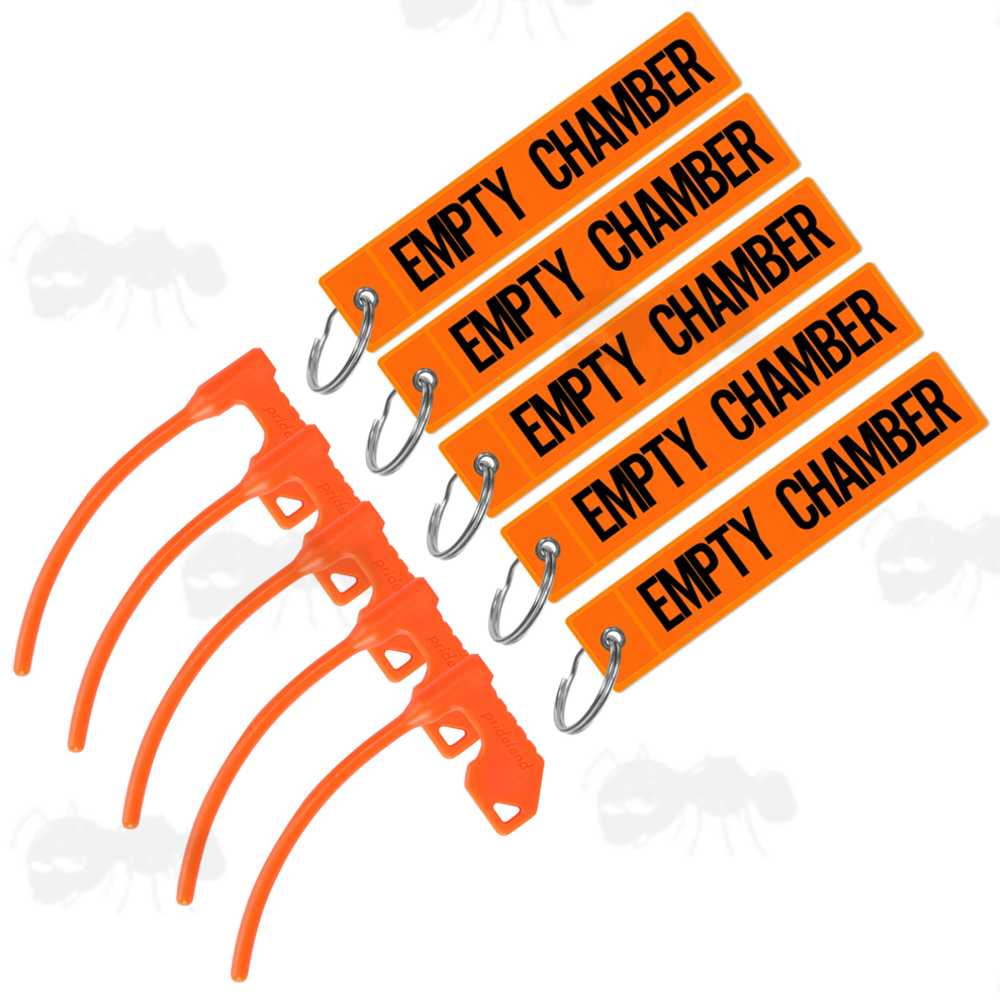 Pack of Five High-Visibility Orange Reflective Empty Chamber Safety Flags with Plastic Breech Plugs