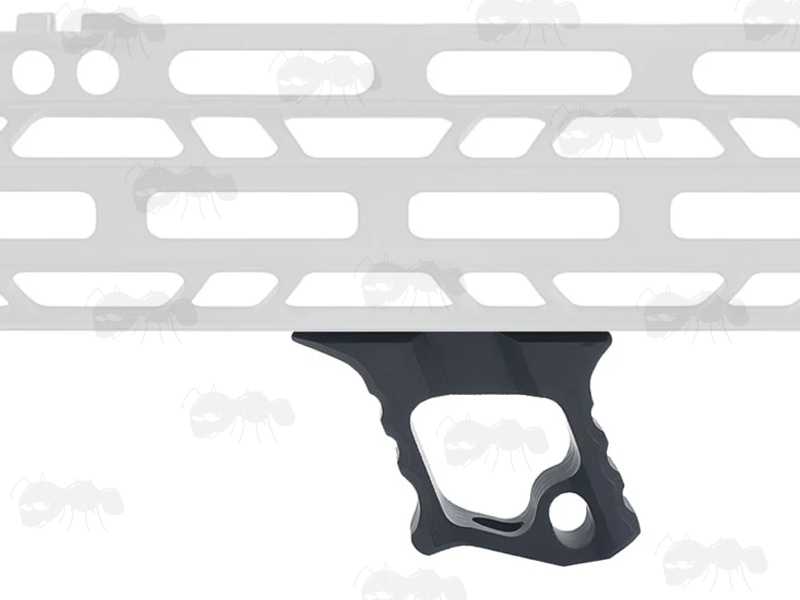 Bi-Directional Black Aluminium Mini Handstop for KeyMod or M-Lok Handguards Shown Fitted to a Rifle Handguard