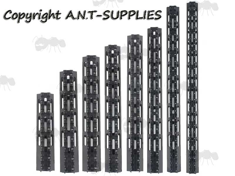 Range of Eight Lengths of The AR Style Alloy M-Lok Free Float Handguard with Picatinny Top Rail