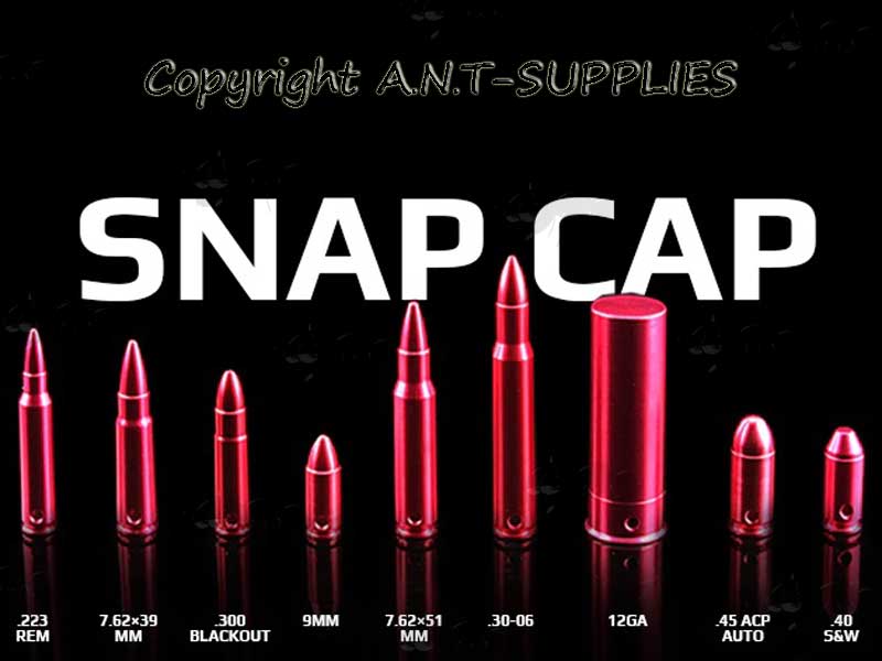 Advert for the Range of Red Anodised Metal Dummy Cartridge Snap Caps with Black Silicone Striker Pads