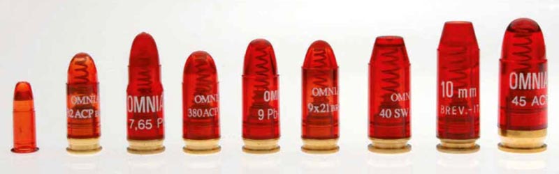 Selection of Nine Omniaplast Plastic Body Rifle Snap Caps with Metal Rims, in .22, 45Acp, 40Sw, 32Acp (7.65), 10SA, 9x21, 380Acp (9corto), 9PB Calibres