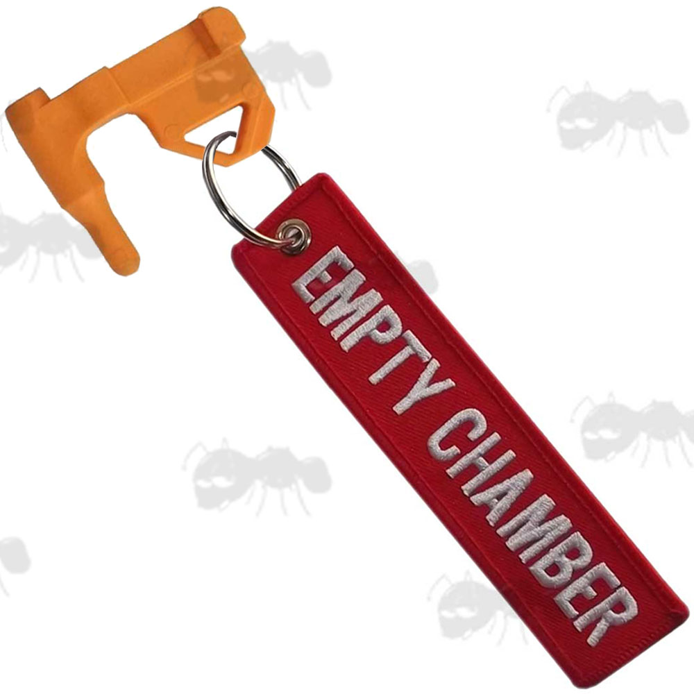 Orange Coloured Plastic Universal Firearm Empty Chamber Safety Flag with Flathead Screwdriver and Rifle Rail Fitting, Fitted with a Red Canvas Flag with White Embroidered Empty Chamber Text
