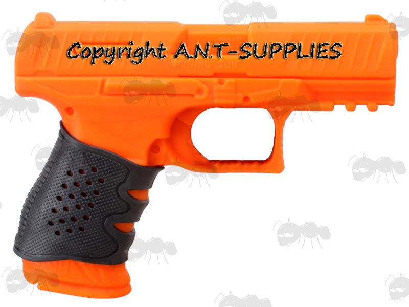 Black Textured Rubber Slip-on Grip Cover Sleeve on Orange Training Handgun