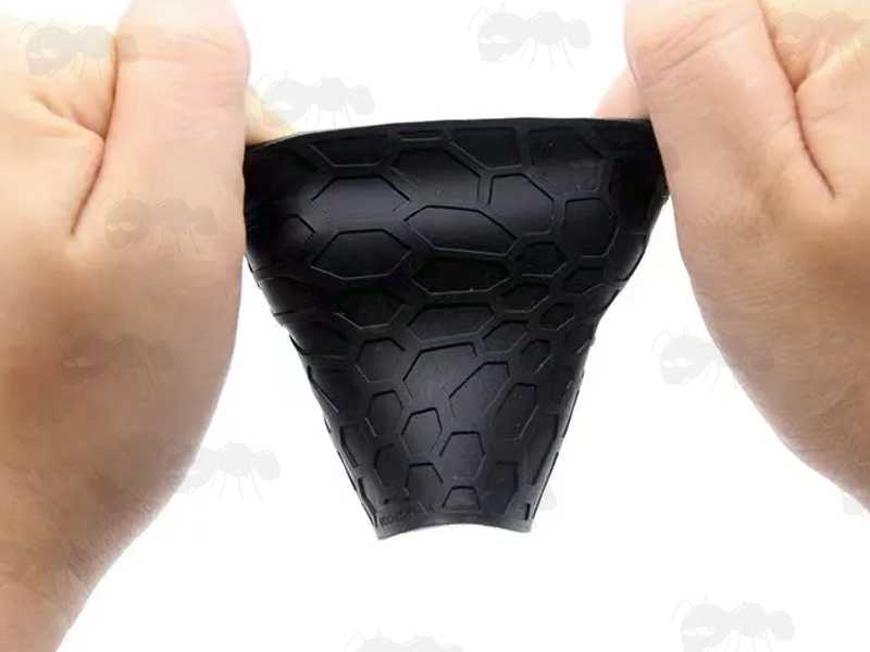 Black Reptile Textured Rubber Slip-on Grip Cover Sleeve Tube, Shown Being Stretched