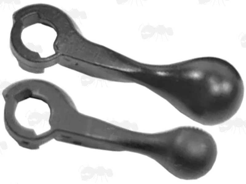 Savage Tactical Bolt Handle Styles, Showing Both The 'BT' Style and The 'OEM' Style