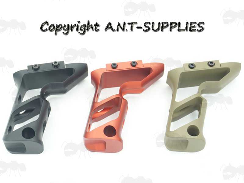 Three All Metal Skeletonised Vertical Rifle Forend Grip for Weaver / Picatinny Railed Handguards, In Black, Red and Tan Anodised Finish