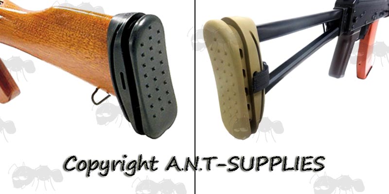 Both The Black and Tan Coloured Slip On Rubber Butt Recoil Pads, Shown Fitted on a Wooden and Metal Frame AK Stock