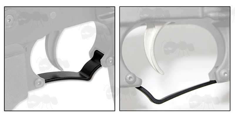 Tac Rifle Black Metal V-Shaped Enhanced Trigger Guard, Shown Installed in Both Ordination Options