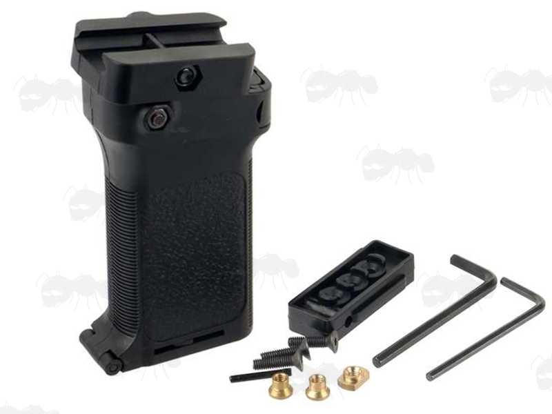 Tac Rifle Black Polymer Multi-Rail Handguard Fitting Angled Vertical Forend Grip, Shown Upright with Assorted Fittings