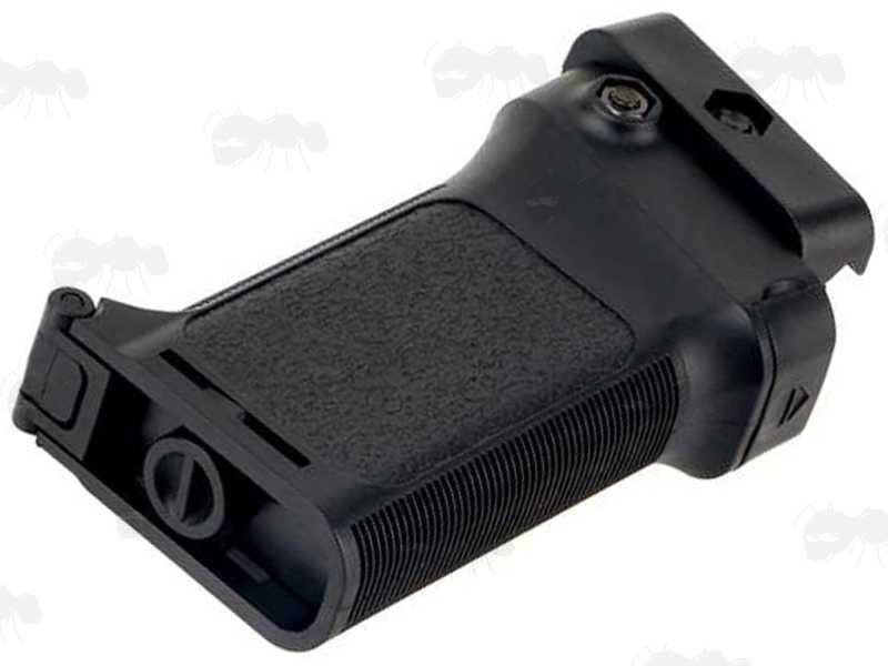 Close-Up View of The Base of The Tac Rifle Black Polymer Multi-Rail Handguard Fitting Angled Vertical Forend Grip