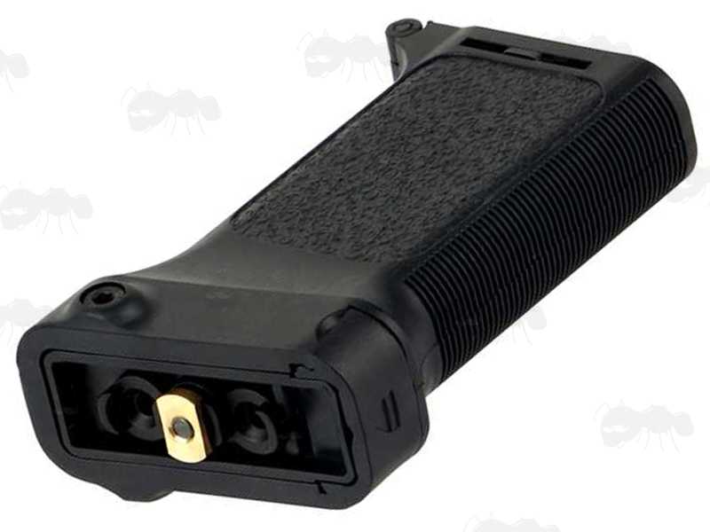 Close-Up View of The M-Lok Fitting on The Tac Rifle Black Polymer Multi-Rail Handguard Fitting Angled Vertical Forend Grip