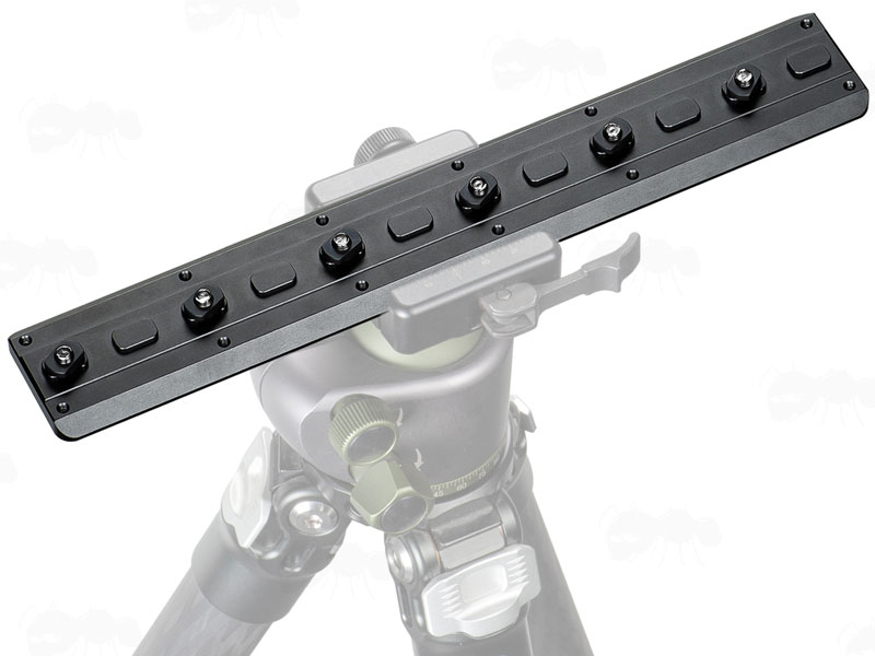 240mm Long Black Anodised Aluminium ARCA Swiss Tripod Mounting Plate for M-Lok Rifle Handguard Shown Fitting to a Tripod Ballhead