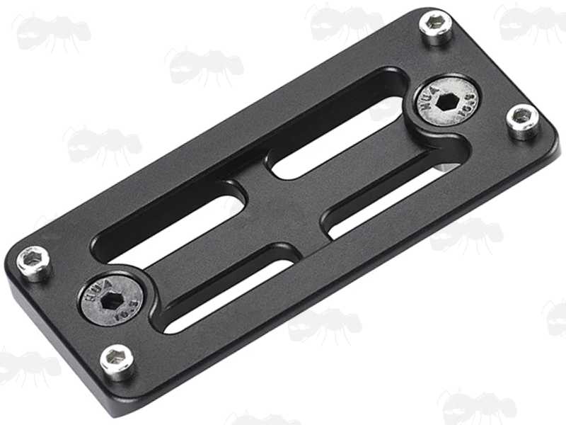 ARCA Swiss Dovetail Side View of The Skeletonised Style 80mm Long Black Anodised Aluminium ARCA Swiss Tripod Mounting Plate for M-Lok Rifle Handguard