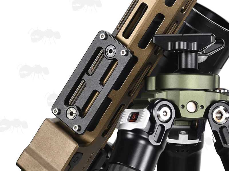 Skeletonised Style 80mm Long Black Anodised Aluminium ARCA Swiss Tripod Mounting Plate for M-Lok Rifle Handguard, Shown Fitted to Rifle