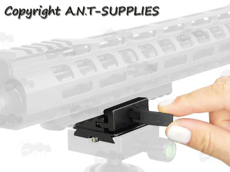 Black Anodised Aluminium Quick-Release Fitting Picatinny Rifle Forend Rail To ARCA-Swiss Shooting Tripod Head Adapter, Shown Fitted to Rifle and Tripod Head