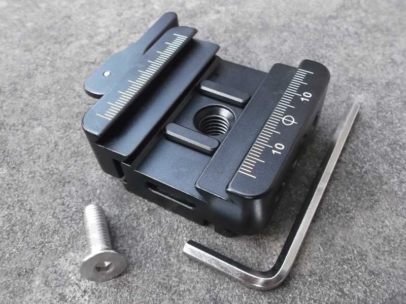Black Anodised Aluminium ARCA-Swiss Tripod Multi Mount Base Plate Adapter with Quick-Release Lever, Showing with Silver Fixing Screw and Hex Key