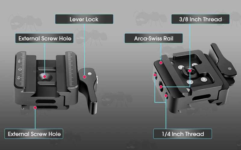 Features of The Black Anodised Aluminium ARCA-Swiss Tripod Multi Mount Base Plate Adapter with Quick-Release Lever