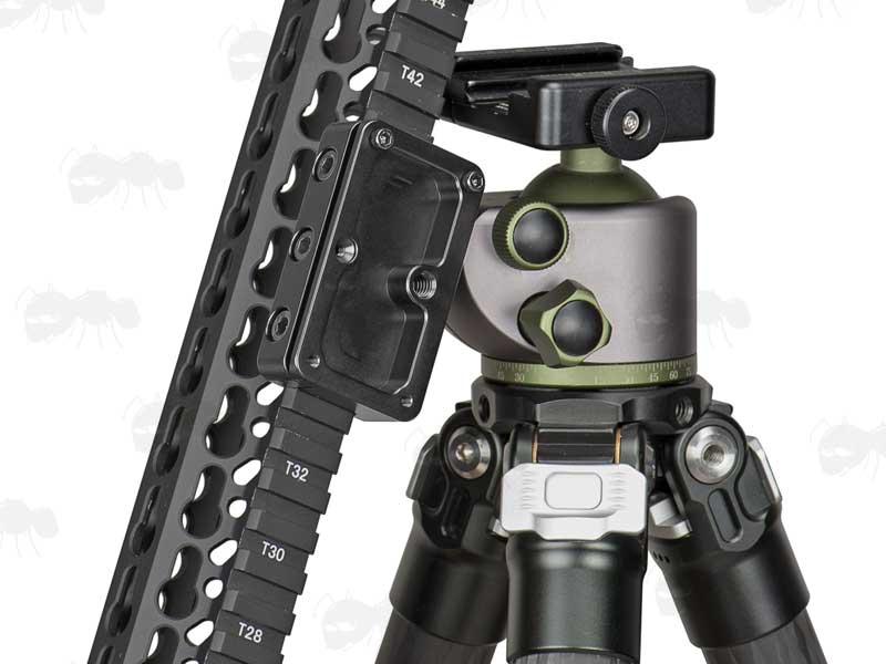65mm Long Black Anodised Aluminium ARCA Swiss Tripod Mounting Plate for Picatinny Railed Rifles, Shown Fitted to a Handguard Rail with ARCA-Swiss Ball and Socket Head Tripod