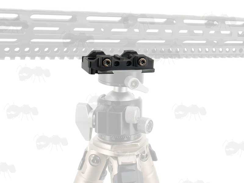 76mm Long Black Anodised Aluminium ARCA-Swiss Tripod Mounting Plate for Rifles with Picatinny Rail Forends, Shown Fitted to a Rifle Handguard Rail