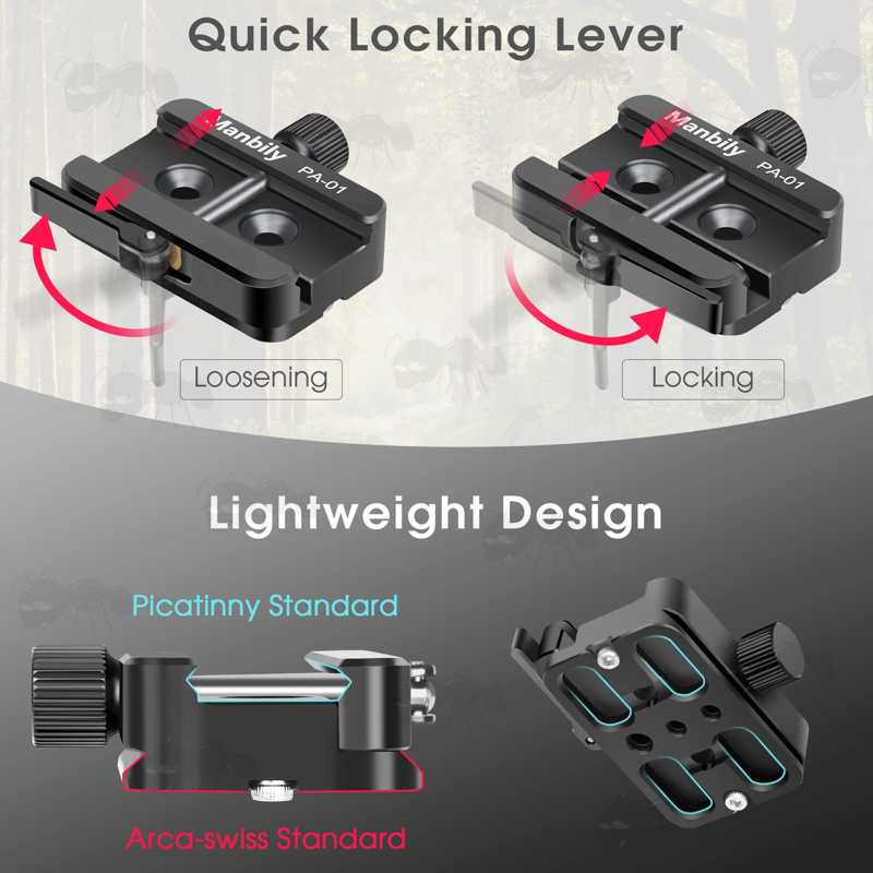 Dimensions of The Black Anodised Aluminium ARCA-Swiss Tripod To Picatinny Adapter with Quick-Release Lever