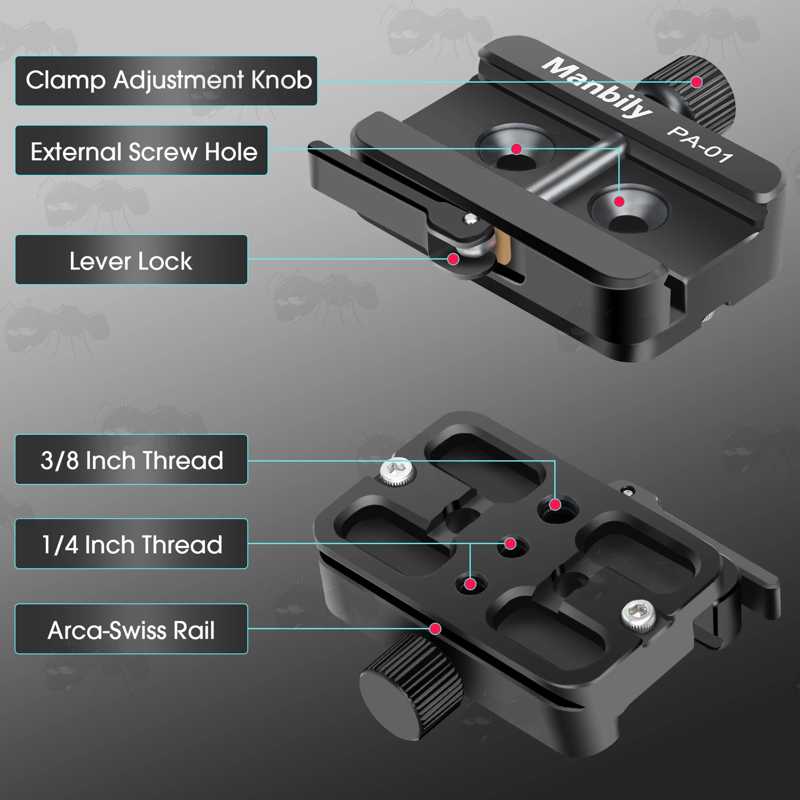 Features on The Black Anodised Aluminium ARCA-Swiss Tripod To Picatinny Adapter with Quick-Release Lever