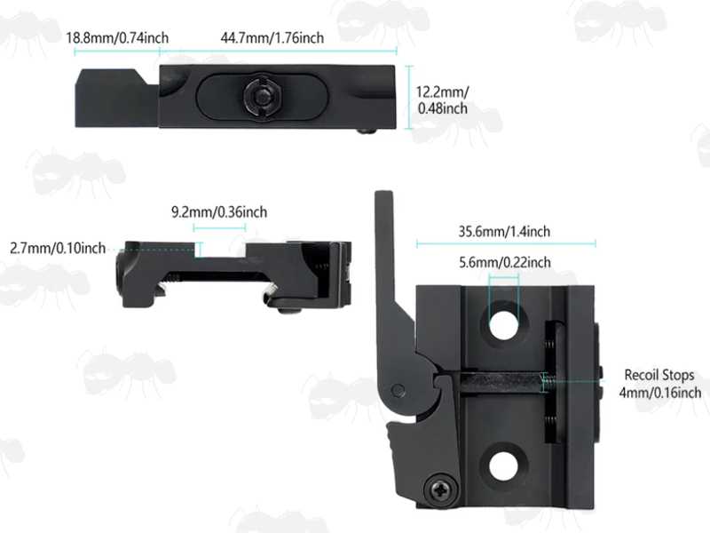 Dimensiosn of The Quick-Release Weaver / Picatinny Handguard Rail Adapter for Atlas Style Bipods