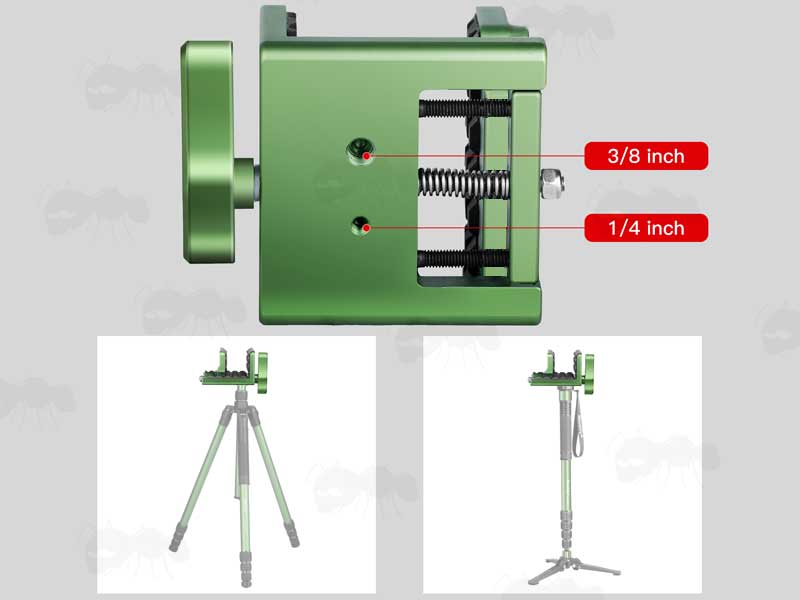 Base View of The Green Finished Metal Rifle Tripod Fitting Saddle Mount Rest Shown with a Rifle Monopod and Tripod