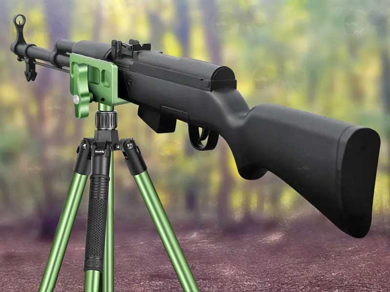 Rifle Shown in The Green Finished Metal Rifle Tripod Fitting Saddle Mount Rest for 1/4-20 and 3/8-16 Threaded Rifle Shooting Sticks, Bipod or Tripods