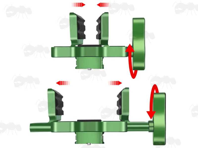 Adjustment Range of The Clamp Plates on The Green Finished Metal Rifle Tripod Fitting Saddle Mount Rest Shown with a Rifle Monopod and Tripod