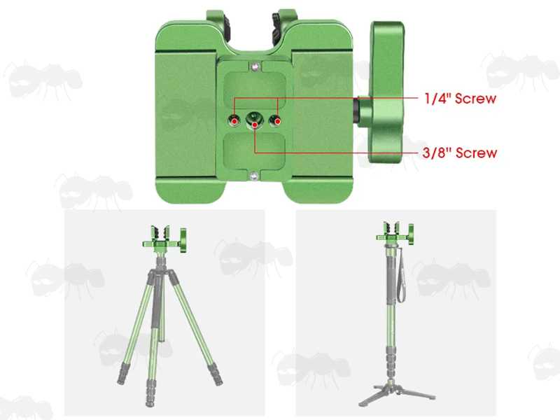 Green Finished Metal Rifle Tripod Fitting Saddle Mount Rest for ARCA-Swiss Style and 1/4-20 and 3/8-16 Threaded Rifle Shooting Sticks, Shown Fitted to a Monopod and Tripod