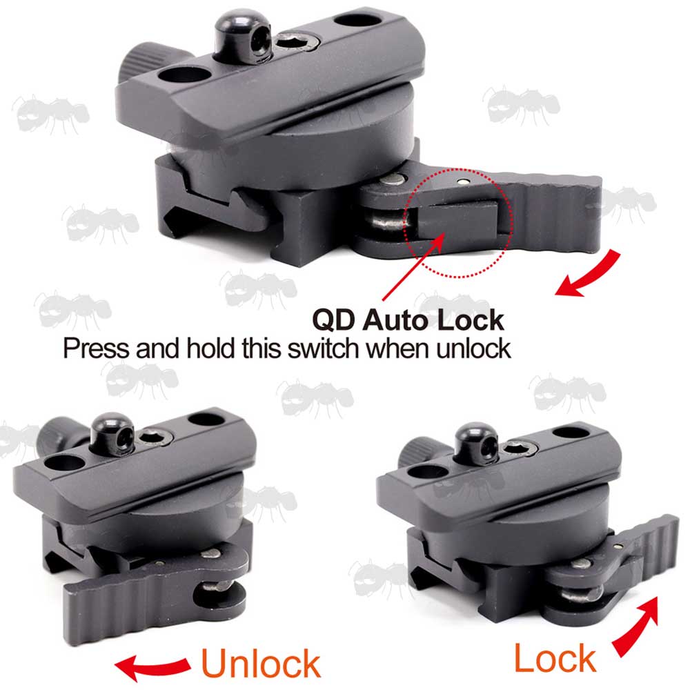 Quick-Release Guide For The Picatinny Rail Mounted QD Bipod Stud with Panning Feature Fitted To Rifle and Bipod