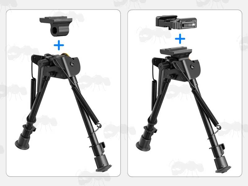 Black Anodised Aluminium ARCA-Swiss Rail to 17S Adapter with Harris Housing, and Quick-Release Lever, Shown Being Installed to a Harris Style Bipod