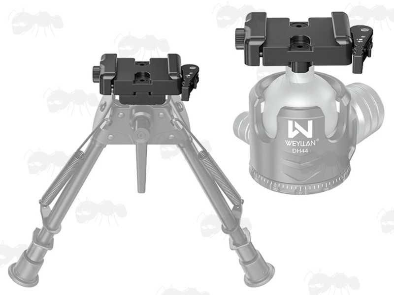 Black Anodised Aluminium ARCA-Swiss Rail to 17S Adapter with Harris Housing and Camera Thread Adapter, and Quick-Release Lever, Shown Installed to a Harris Style Bipod and to a Tripod Head