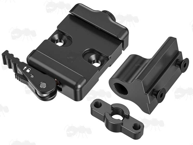 Black Anodised Aluminium ARCA-Swiss Rail to 17S Adapter with Harris Housing and Camera Thread Adapter, and Quick-Release Lever