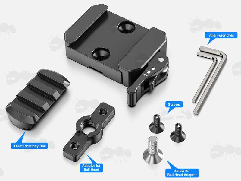 Black Anodised Aluminium ARCA-Swiss Rail to 17S Adapter with Picatinny Rail and Quick-Release Lever