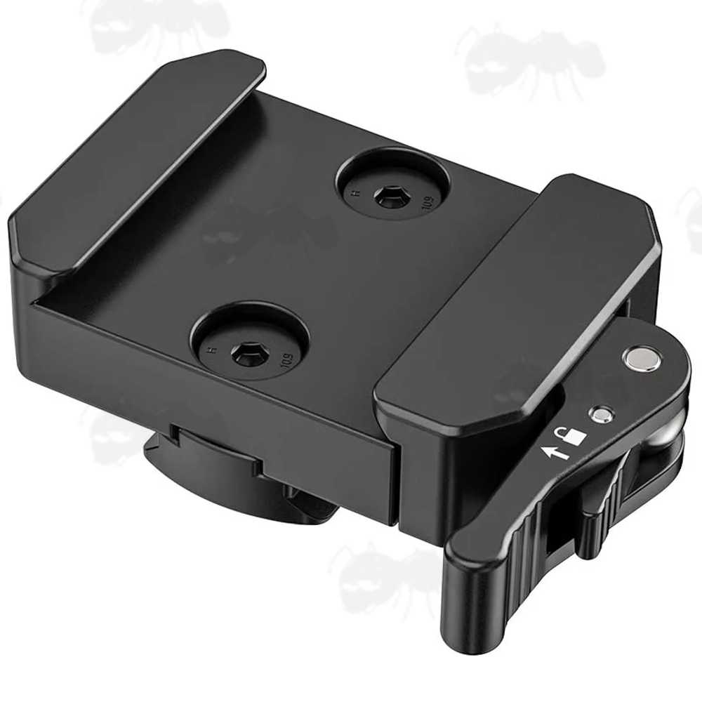 Black Anodised Aluminium ARCA-Swiss Rail to 17S Adapter with Picatinny Rail and Quick-Release Lever