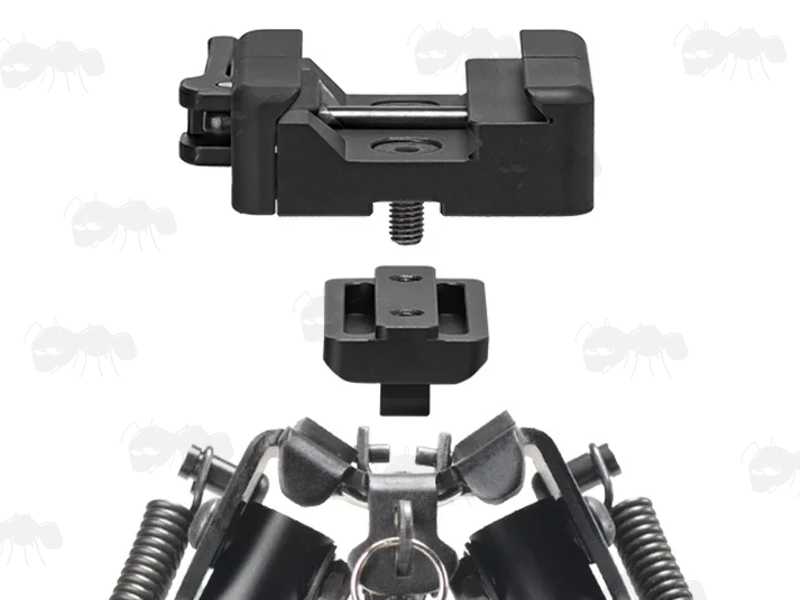 Black Anodised Aluminium ARCA-Swiss Rail to 17S Adapter with Harris QD Bipod Sling Swivel Stud, and Quick-Release Lever, Shown Being Installed to a Harris Style Bipod