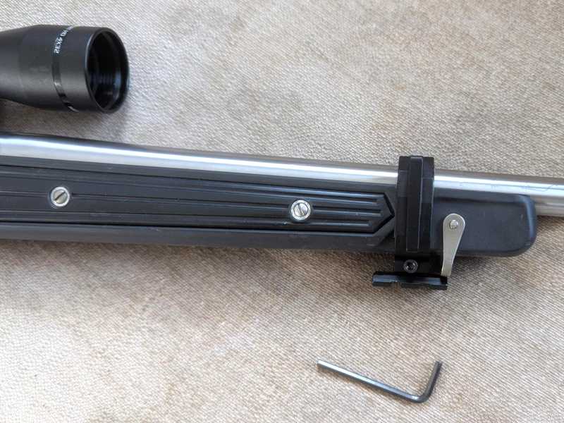 Accessory Mount for Lights, Lasers, Bipods and Slings, Shown Fitted to a Ruger 77/22 Rifle Black Synthetic Boat Paddle Style Forend