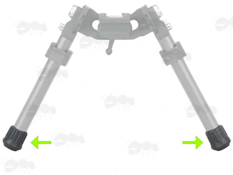 Pair of Black Rubber Feet, Shown Fitted to a Long Range Accuracy Ultra Light Scout Style Bipod