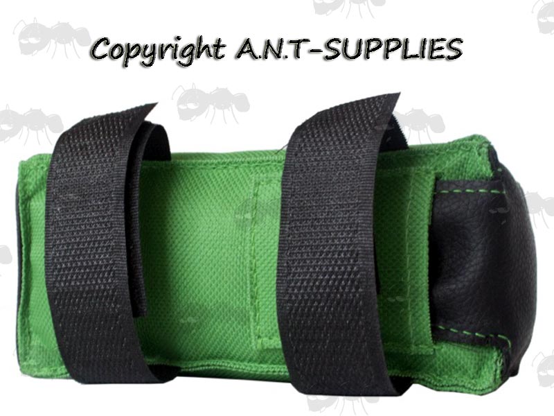 Base View of The Green Polyester Canvas and Black Leather Effect Front Gun Rest Support Sand Bag