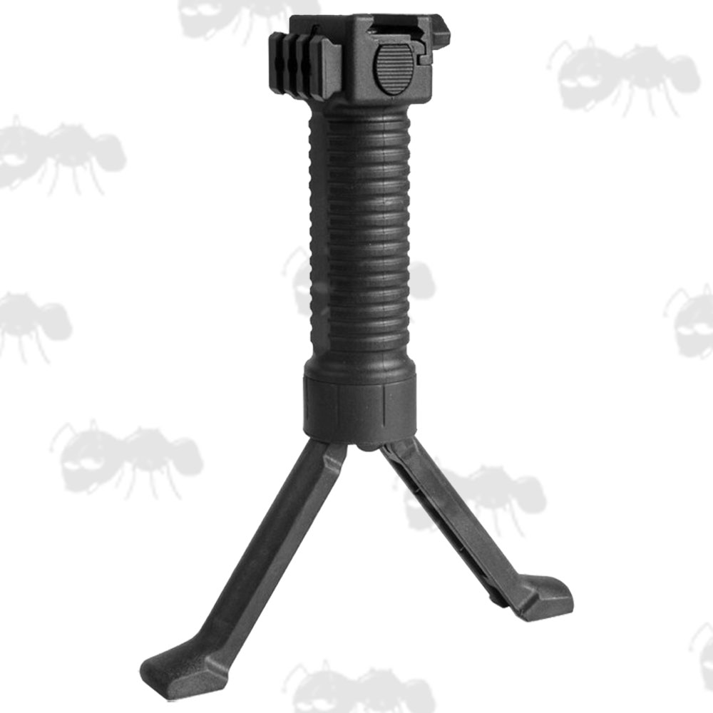 Black Airsoft Vertical Grip Bipod with Side Accessory Rail and Telescopic Legs